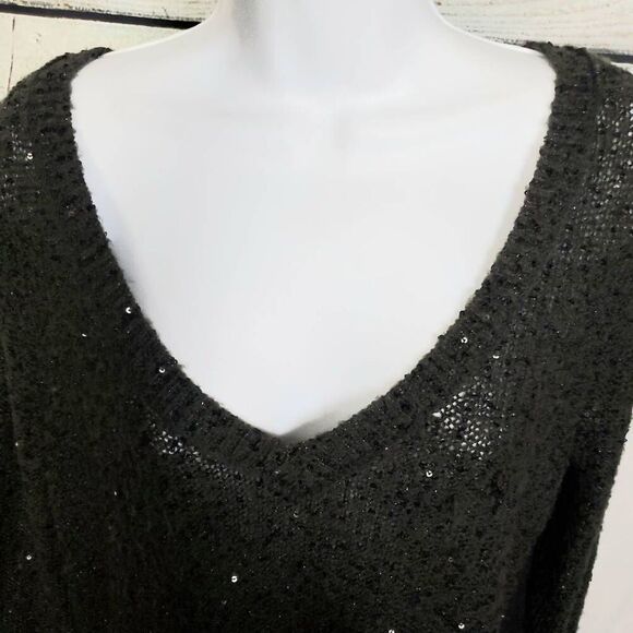 American Eagle Outfitters Black Sequin Sweater Women’s Large V-Neck Long Sleeve - Picture 2 of 6